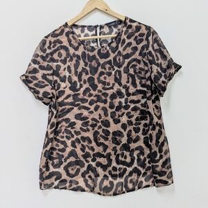 SHEIN Leopard Print Short Sleeve Semi Sheer Blouse